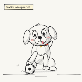A pencil-sketch puppy playing with a soccer ball